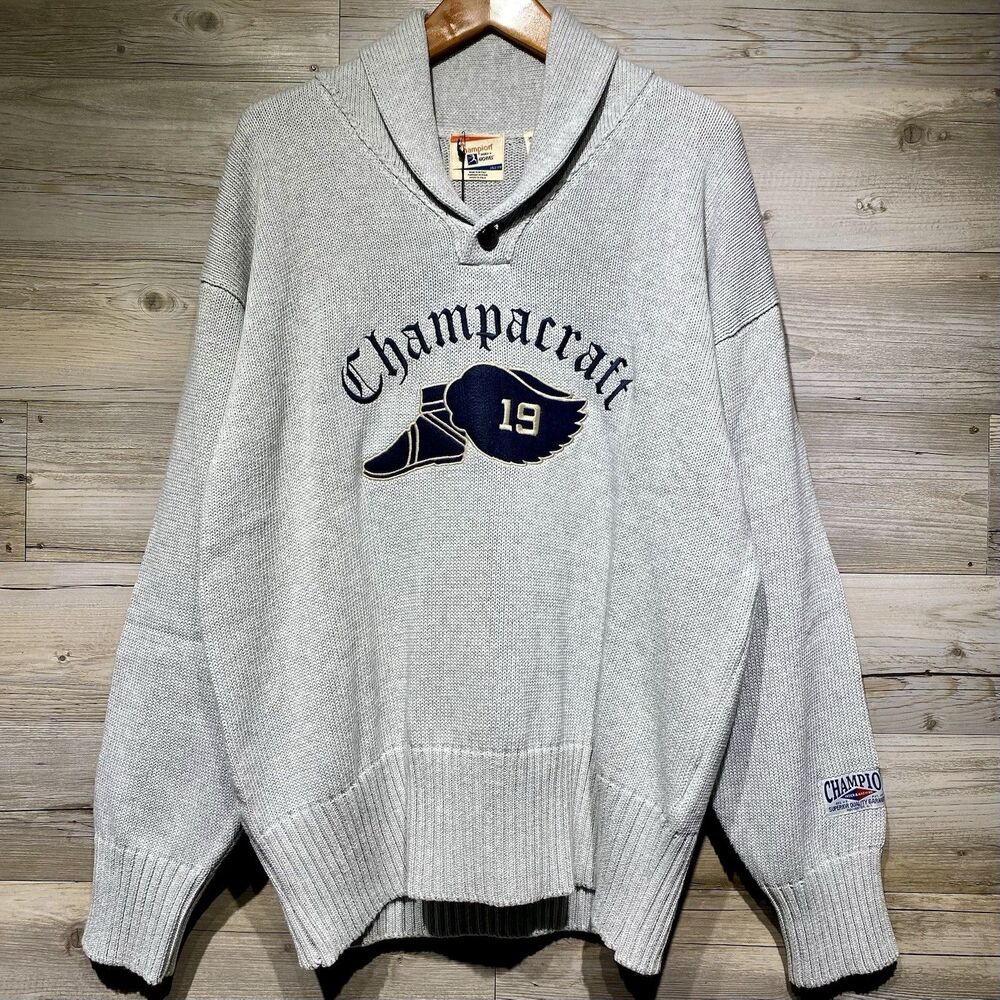 Champion Index + Archives Shawl Neck Sweater XL Gray Embroidered Limited Italy